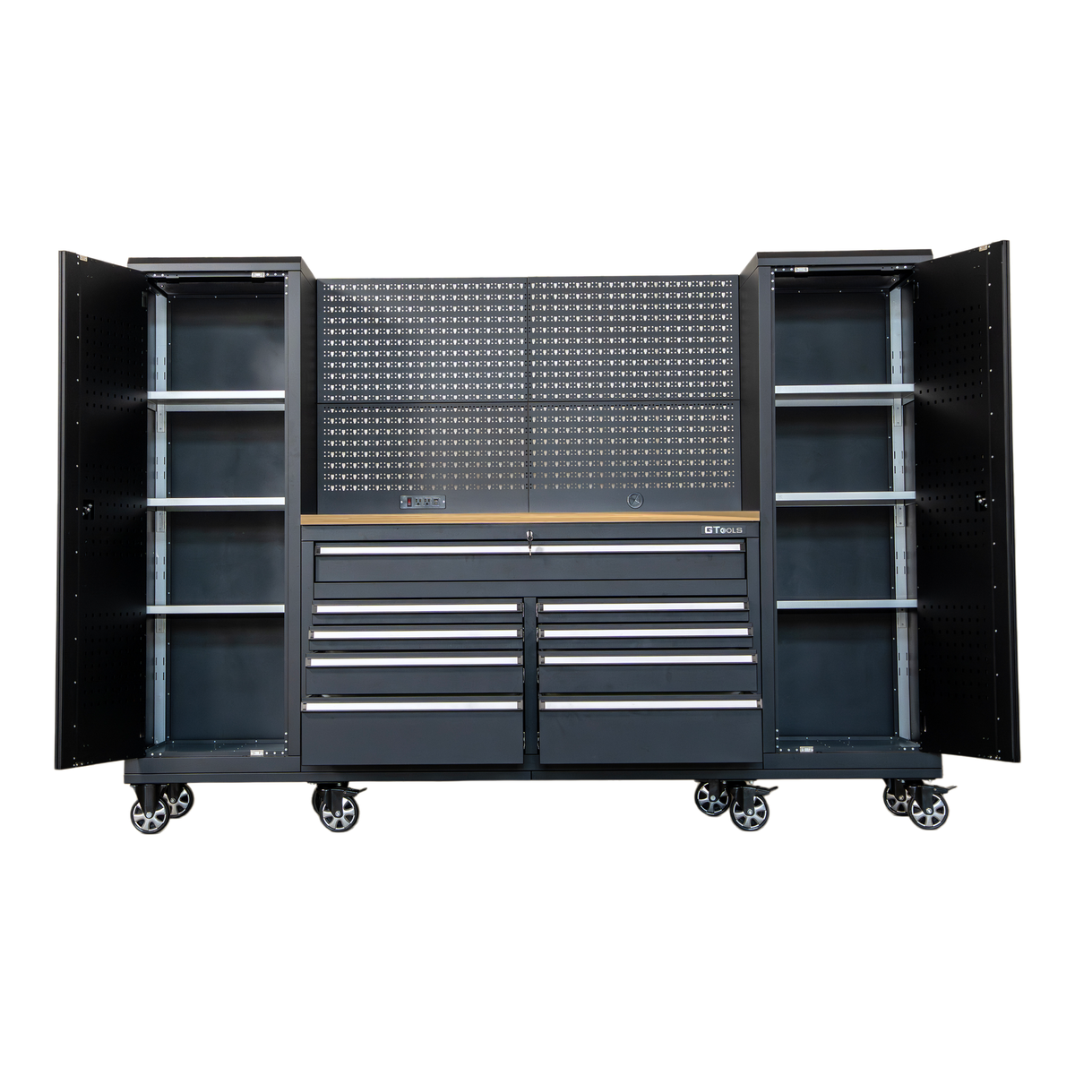 100-Inch Rolling Tool Chest Workstation with Pegboard & Power