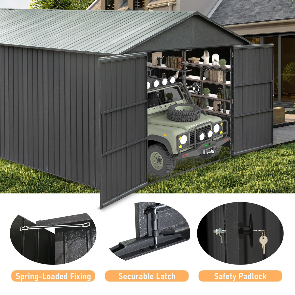 12x25-Foot Outdoor Metal Garage Shed with Lockable Doors