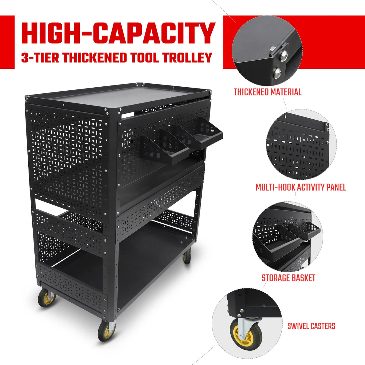 Industrial Steel Rolling Tool Cart with Pegboards &amp; 3 Shelves