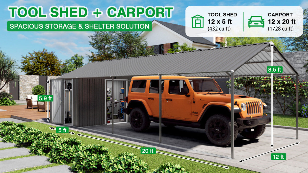 Galvanized Steel Carport with Attached Storage Shed