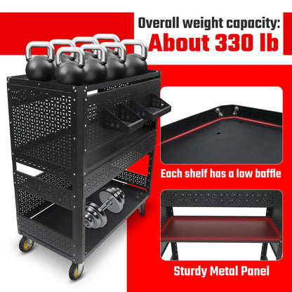 Industrial Steel Rolling Tool Cart with Pegboards &amp; 3 Shelves