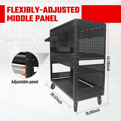 Industrial Steel Rolling Tool Cart with Pegboards &amp; 3 Shelves