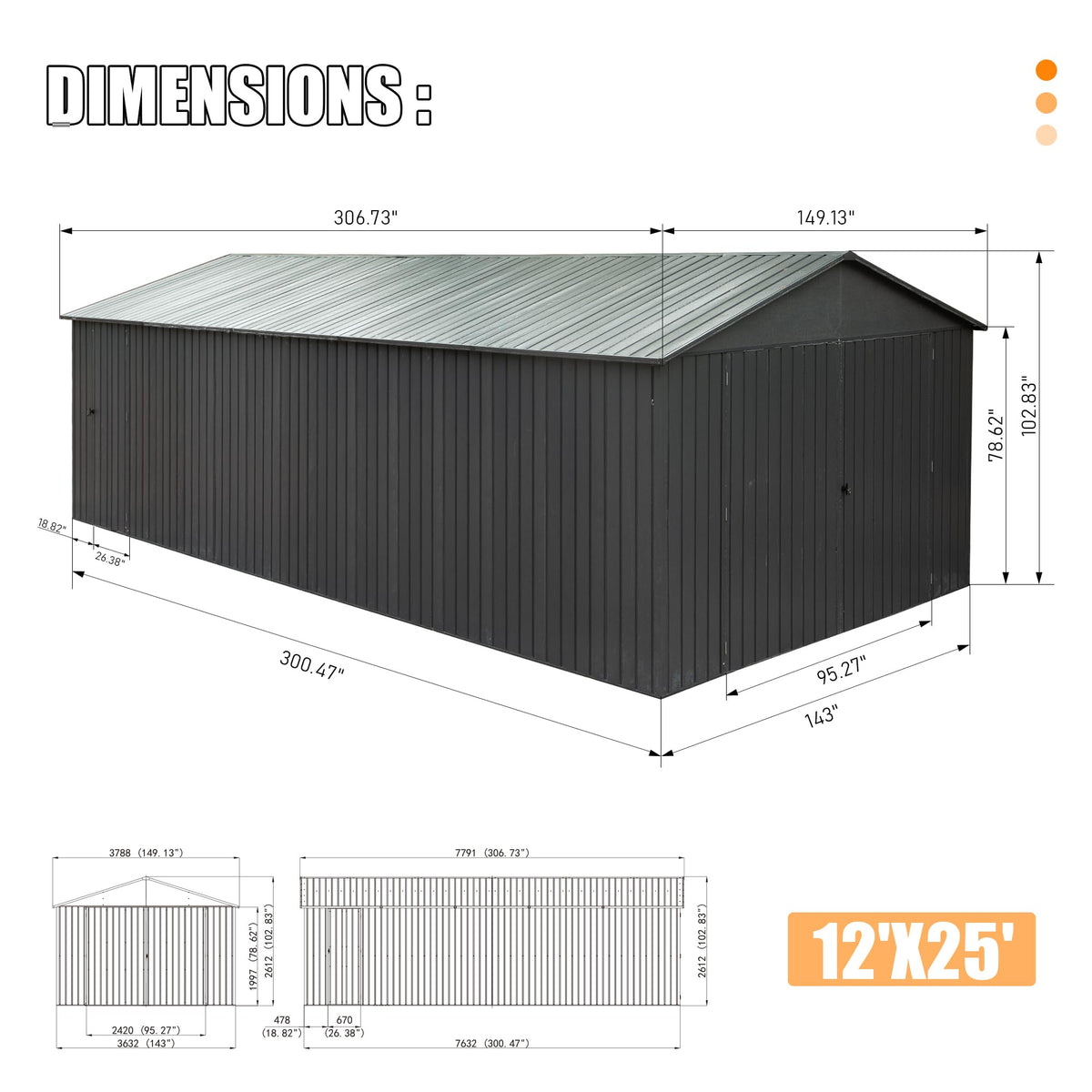 12x25-Foot Outdoor Metal Garage Shed with Lockable Doors