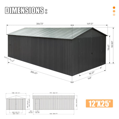 12x25-Foot Outdoor Metal Garage Shed with Lockable Doors
