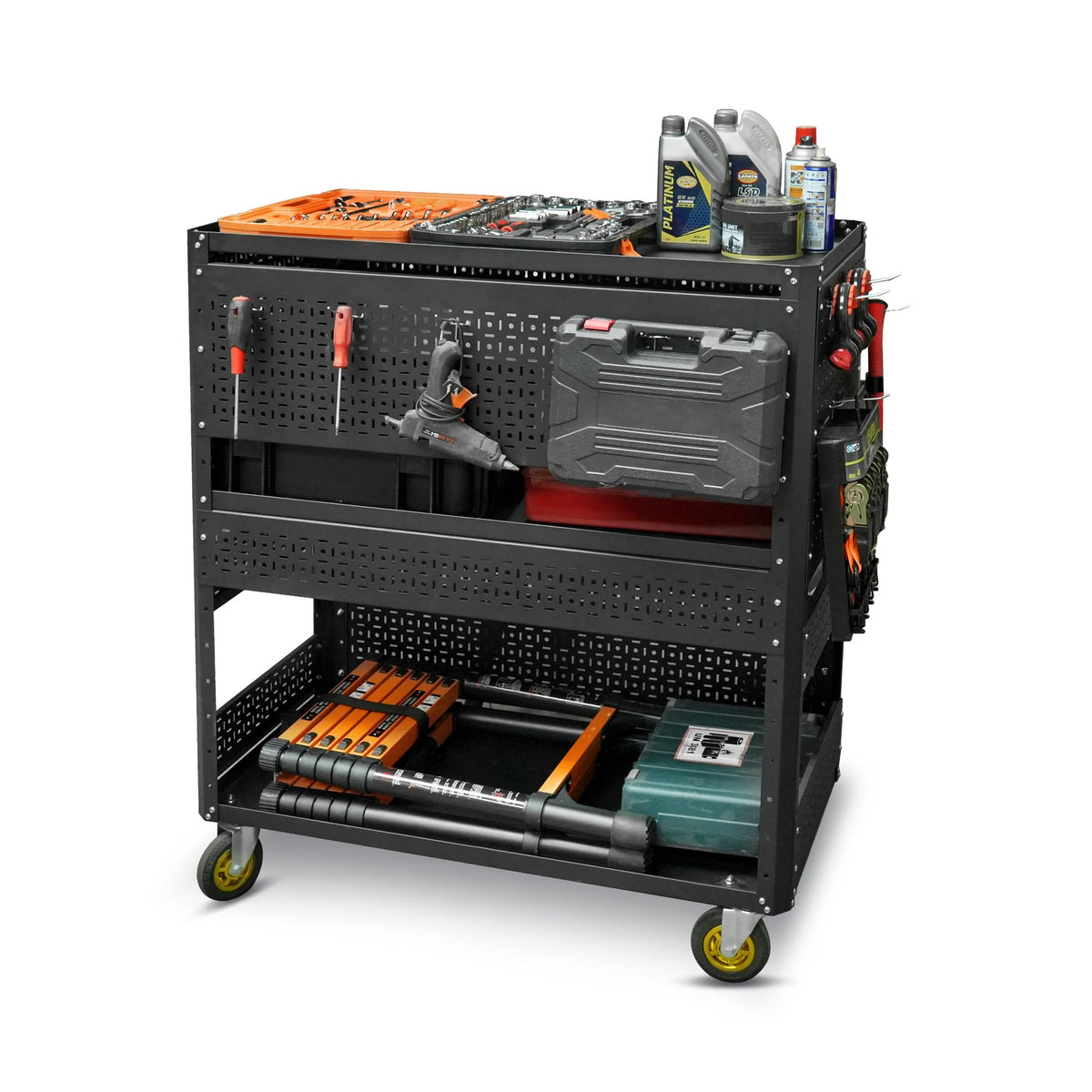 Industrial Steel Rolling Tool Cart with Pegboards &amp; 3 Shelves