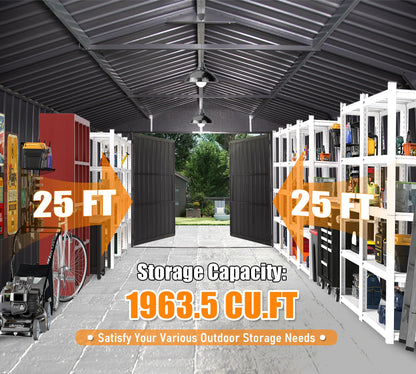 12x25-Foot Outdoor Metal Garage Shed with Lockable Doors