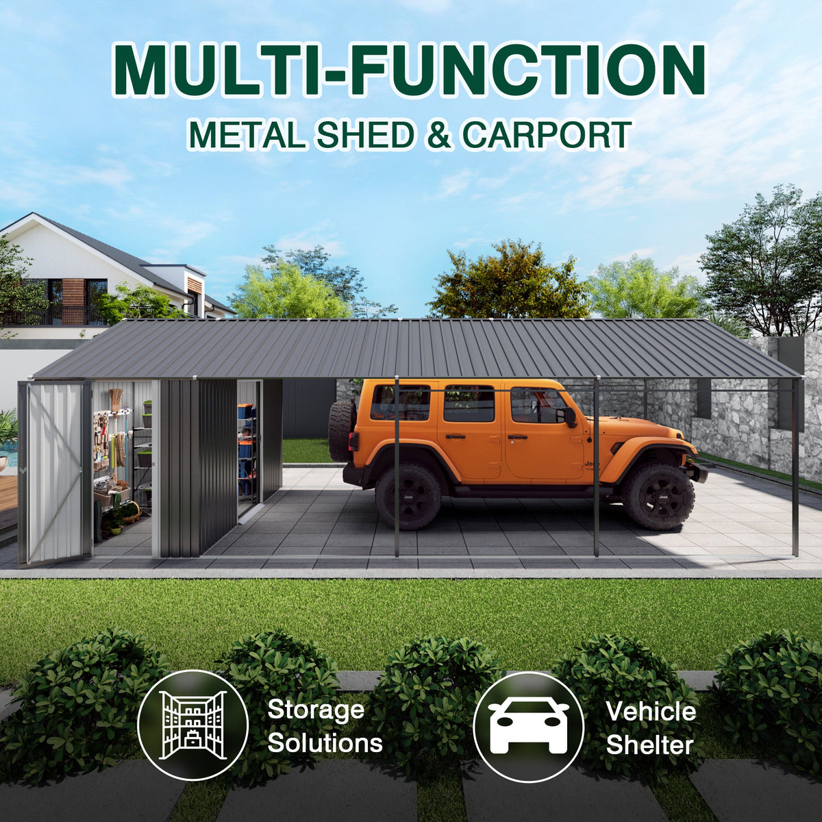 Galvanized Steel Carport with Attached Storage Shed