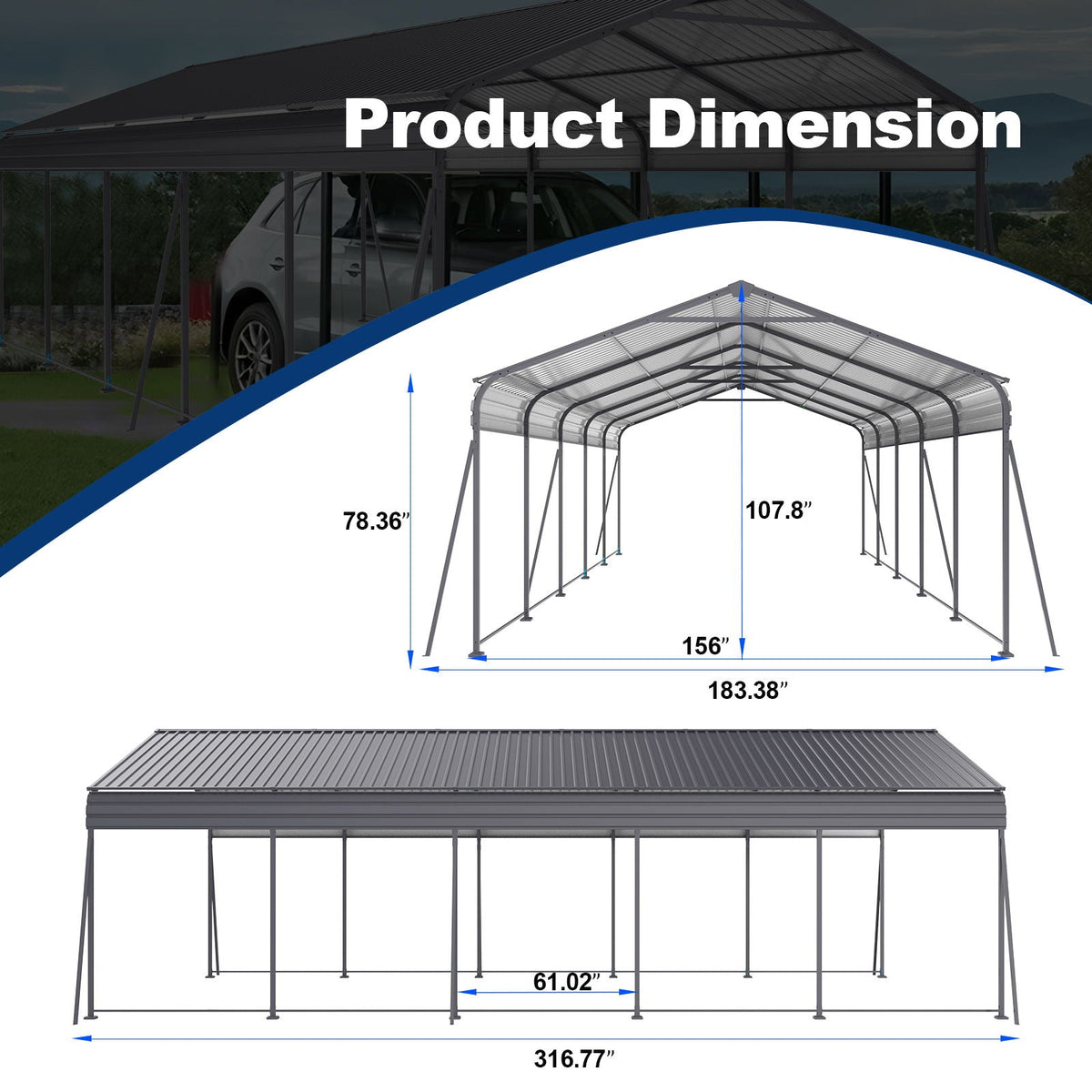 13x26.5-Foot Galvanized Steel Carport – 100 MPH Wind Rating
