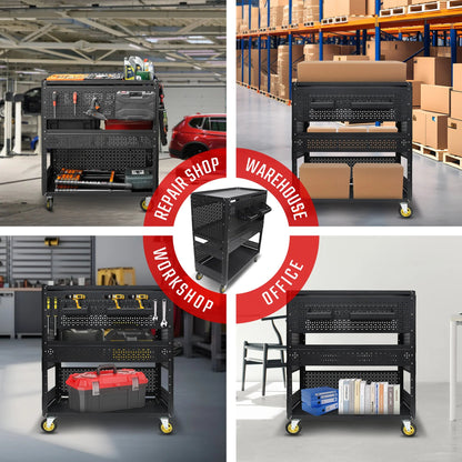 Industrial Steel Rolling Tool Cart with Pegboards &amp; 3 Shelves