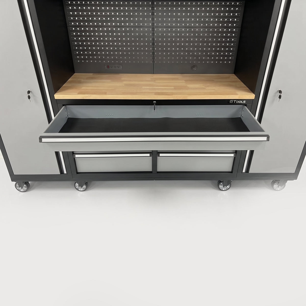 100-Inch Rolling Tool Chest Workstation with Pegboard & Power