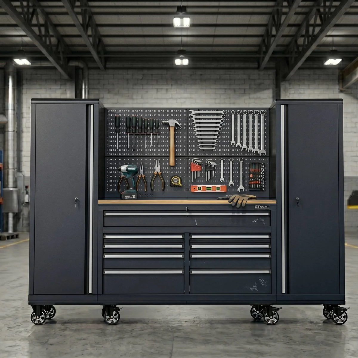 100-Inch Rolling Tool Chest Workstation with Pegboard & Power
