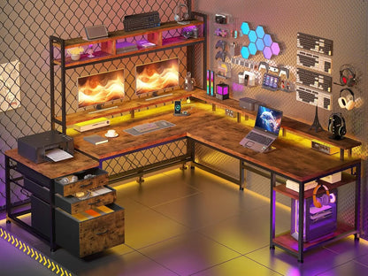 L-Shaped Computer Desk with Storage, Power Outlets &amp; LED Lighting