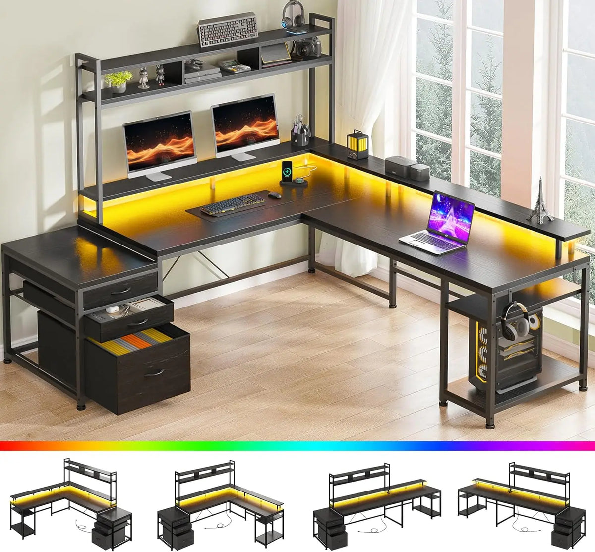 L-Shaped Computer Desk with Storage, Power Outlets &amp; LED Lighting