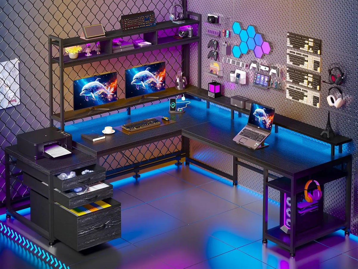 L-Shaped Computer Desk with Storage, Power Outlets &amp; LED Lighting