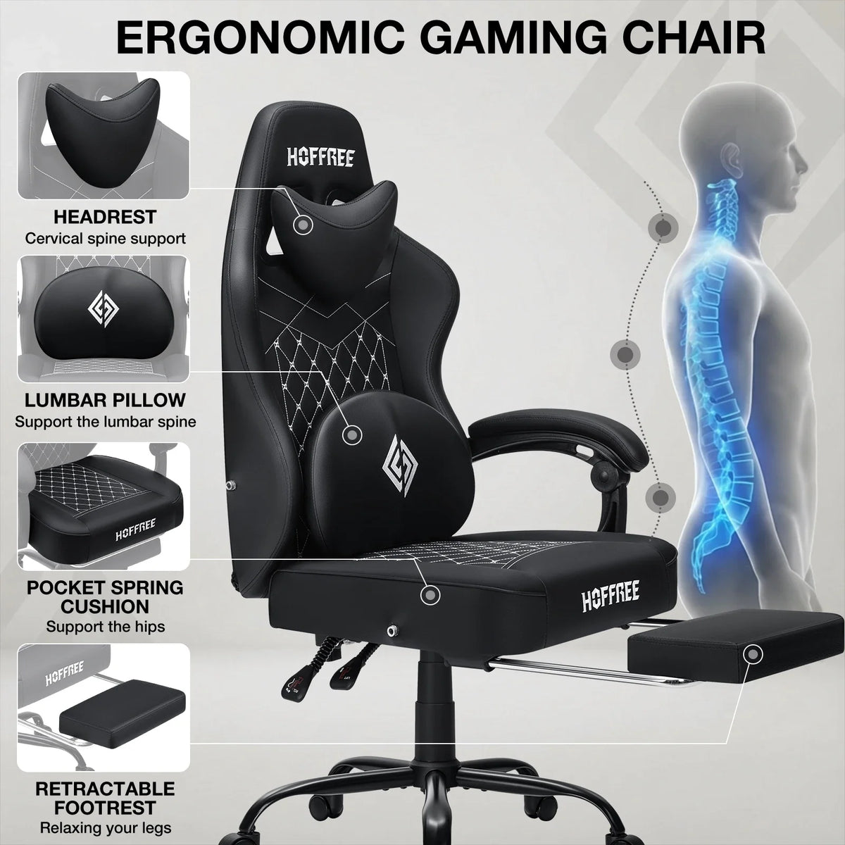 Hoffree 4.2 Gaming Chair with Massage &amp; Bluetooth Speakers