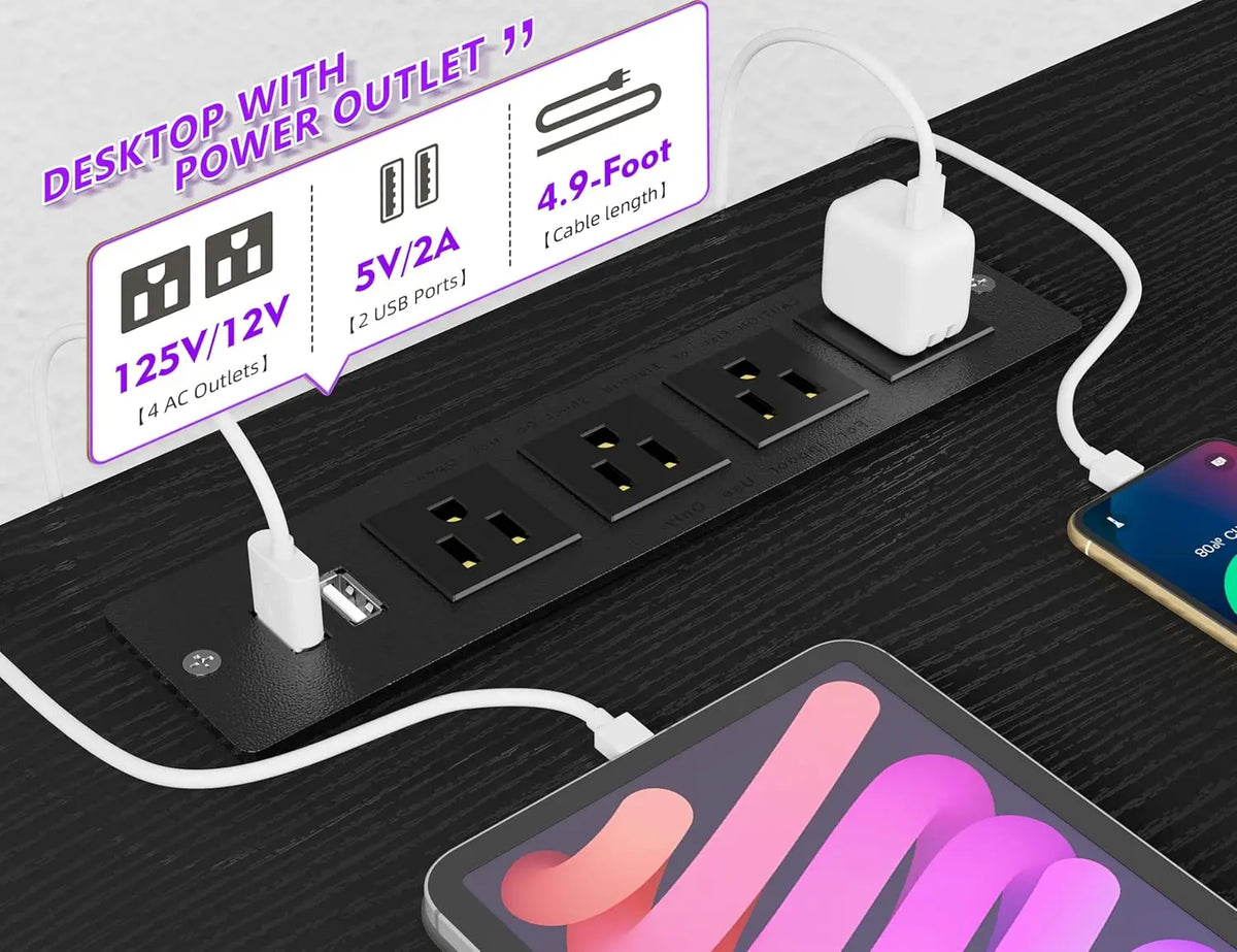 L-Shaped Computer Desk with Storage, Power Outlets &amp; LED Lighting