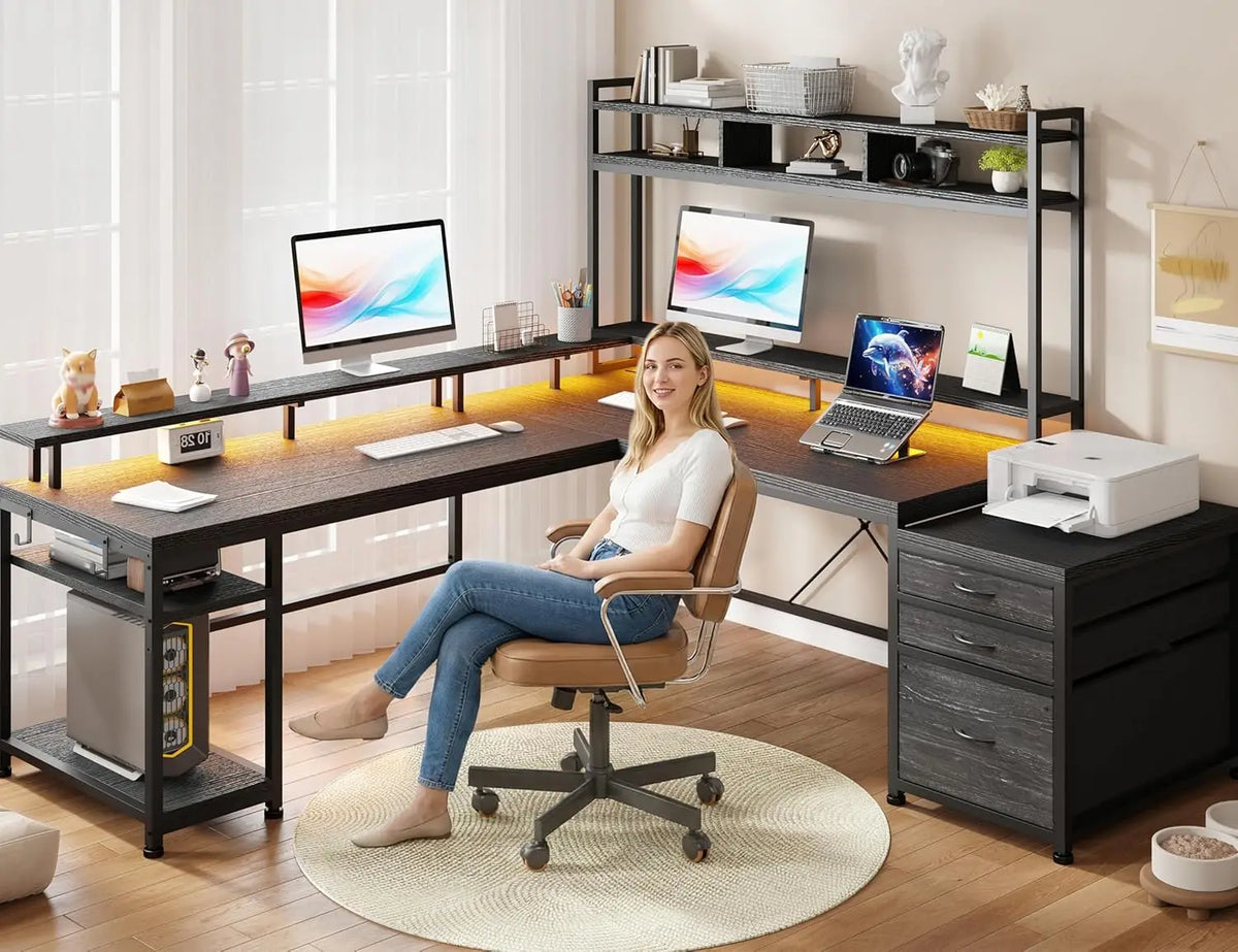 L-Shaped Computer Desk with Storage, Power Outlets &amp; LED Lighting