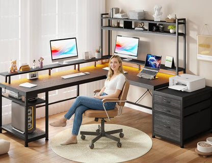 L-Shaped Computer Desk with Storage, Power Outlets &amp; LED Lighting