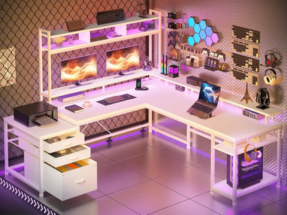 L-Shaped Computer Desk with Storage, Power Outlets &amp; LED Lighting