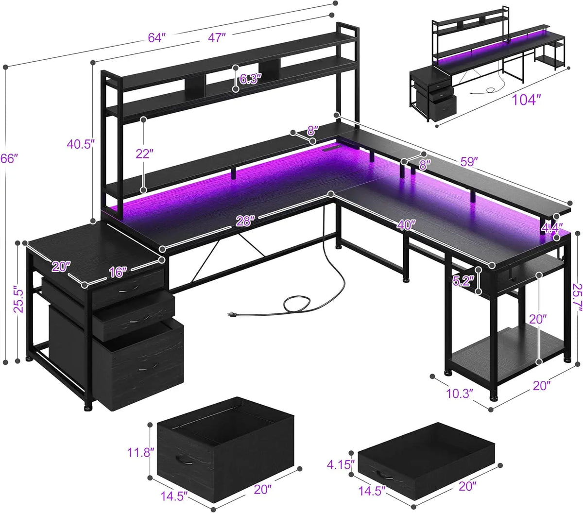 L-Shaped Computer Desk with Storage, Power Outlets &amp; LED Lighting