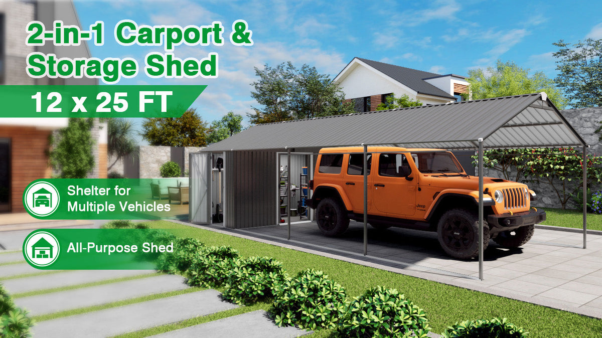 Galvanized Steel Carport with Attached Storage Shed