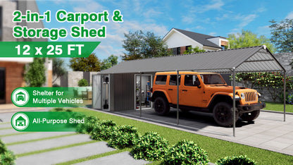Galvanized Steel Carport with Attached Storage Shed
