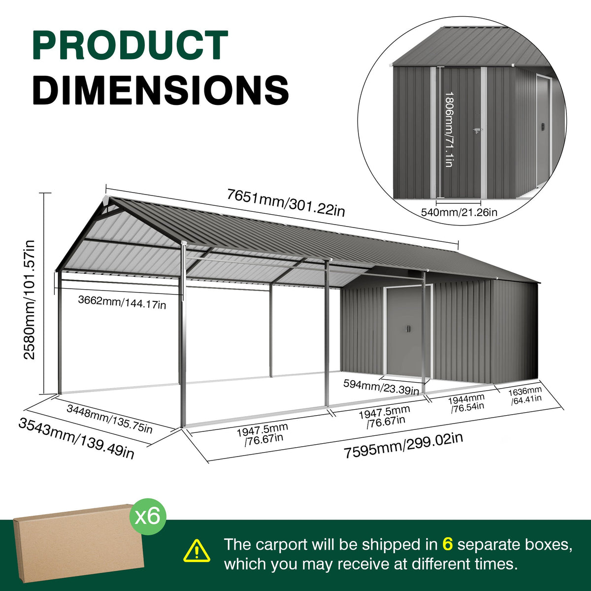 Galvanized Steel Carport with Attached Storage Shed