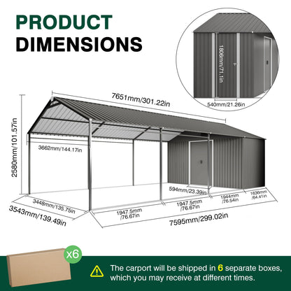 Galvanized Steel Carport with Attached Storage Shed