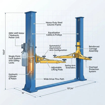 12,000 lb 2-Post Car Lift – 220V 4HP Hydraulic Lift