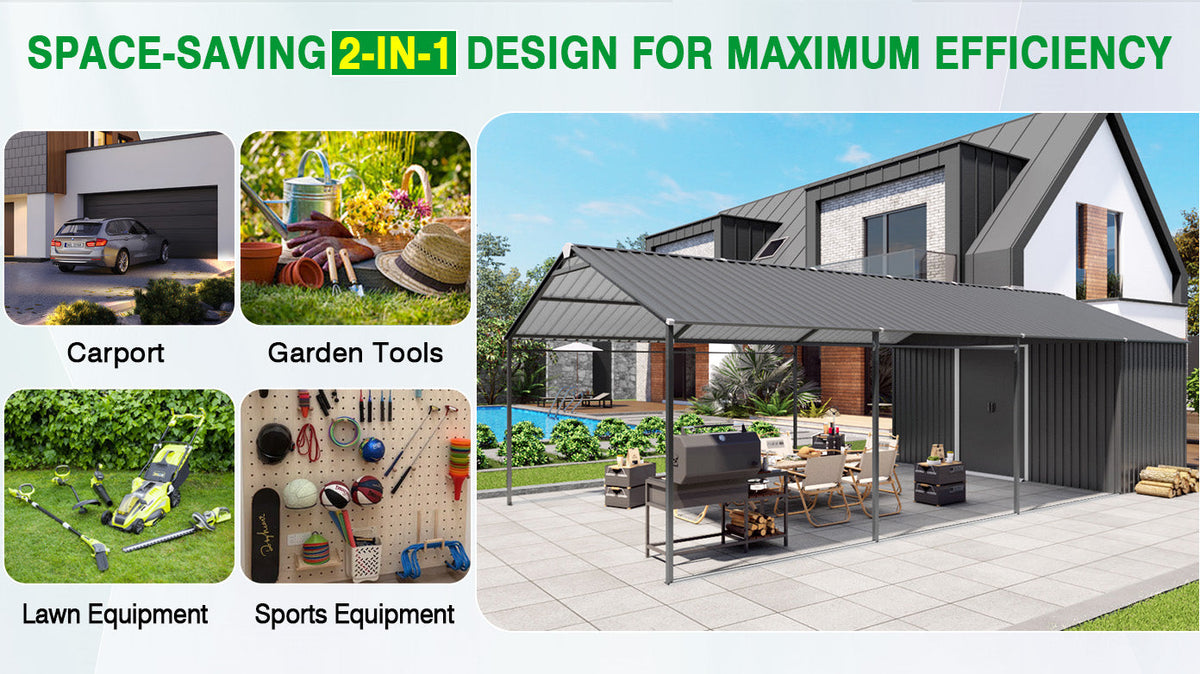 Galvanized Steel Carport with Attached Storage Shed